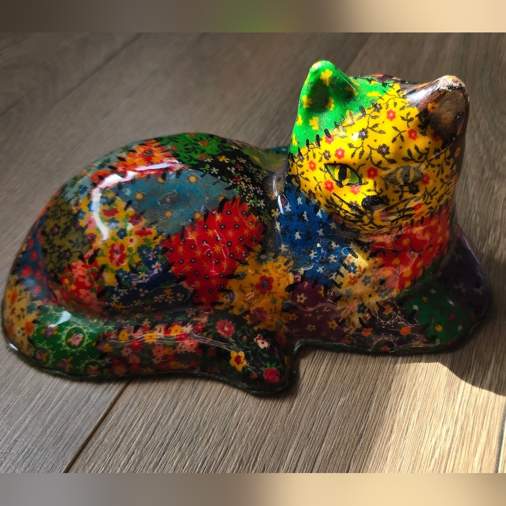 Vintage Decopage Rainbow Quilted Cat Statue